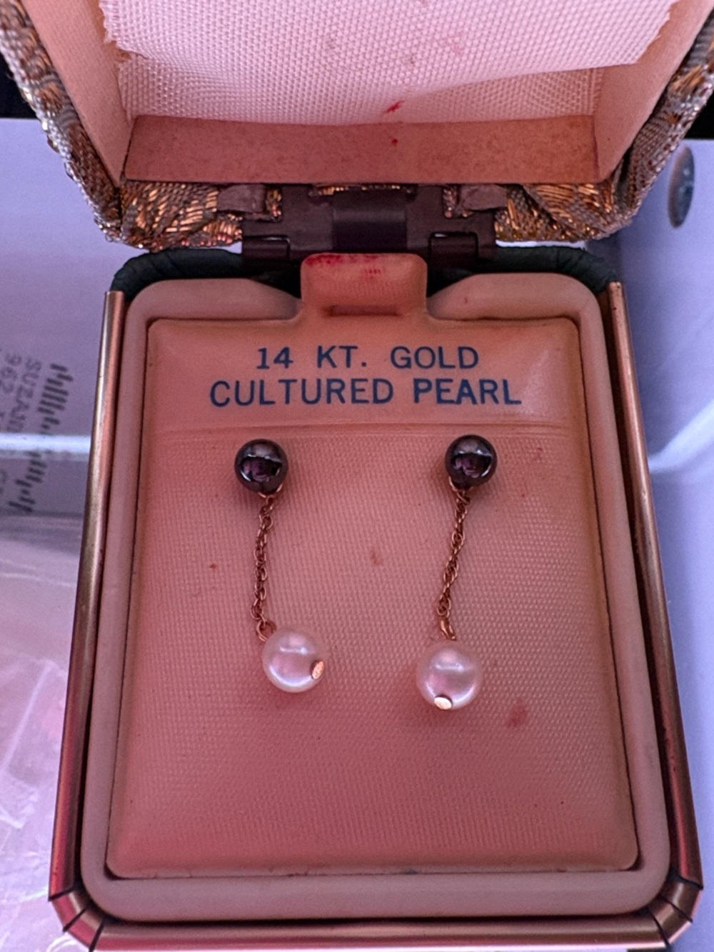 Vintage 14 k gold Cultured pearl chain earrings